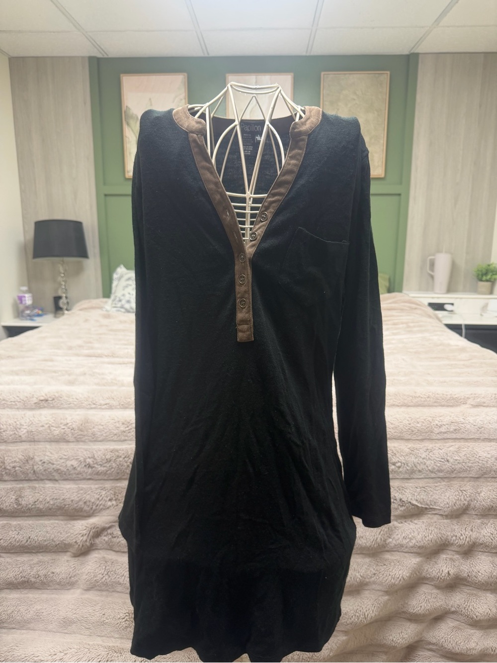 Papillon Blanc Black Long Sleeve Henley Dress with Brown Trim